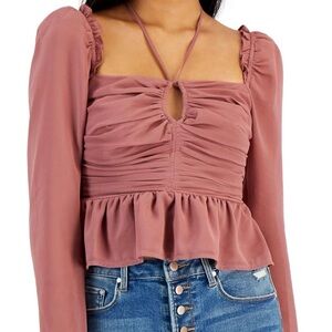 Astr the Label Toni Ruched Peplum Halter Tie Blouse in Dusty Rose